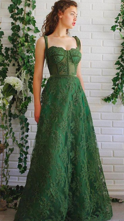 Popular Dark Green Spaghetti Straps Lace Prom Dresses Formal Evenning Dress SH560