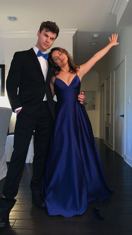 Dark Blue Satin Long Prom Dresses SH893