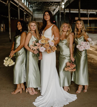 Simple Sheath Spaghetti Strap Sage Green Satin Evening Dress Bridesmaid Dress SH2784