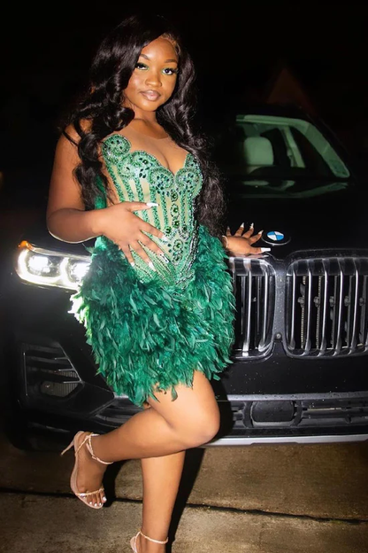 Luxury Feather Beaded Sweetheart Neckline Mini Cocktail Dress Pink Short Party Dress Homecoming Dress S690