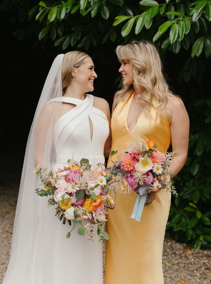 Simple Mermaid Halter Yellow Satin Open Back Bridesmaid Dress Evening Dress SH2796