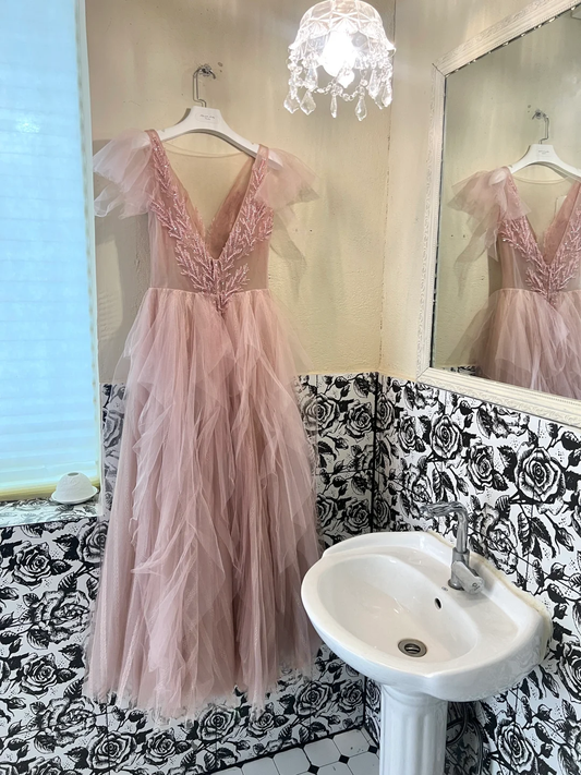 Classic Pink A Line V Neck Beaded Tulle Long Party Dress Prom Dress Formal Dress SH3850