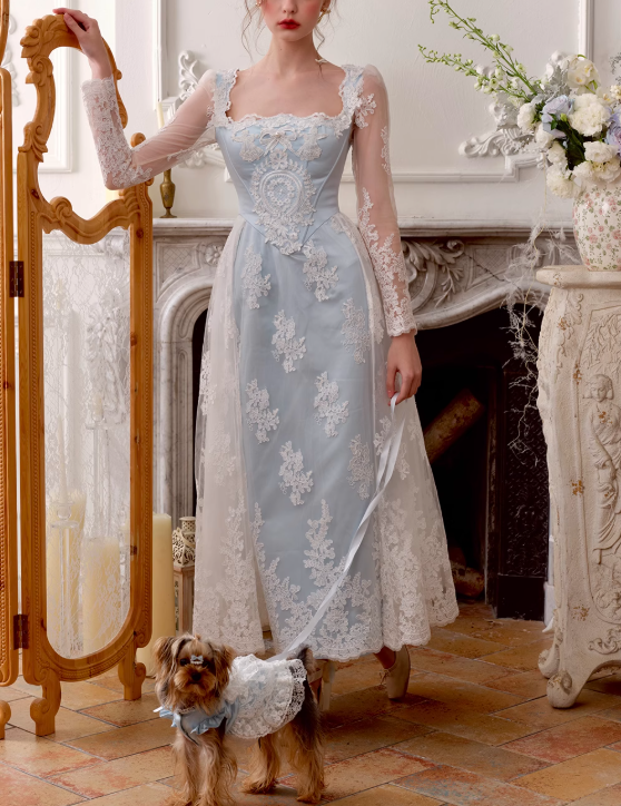 Gentle Baby Blue Satin White Lace Long Sleeve Prom Dress Party Dress Birthday Dress SH3754
