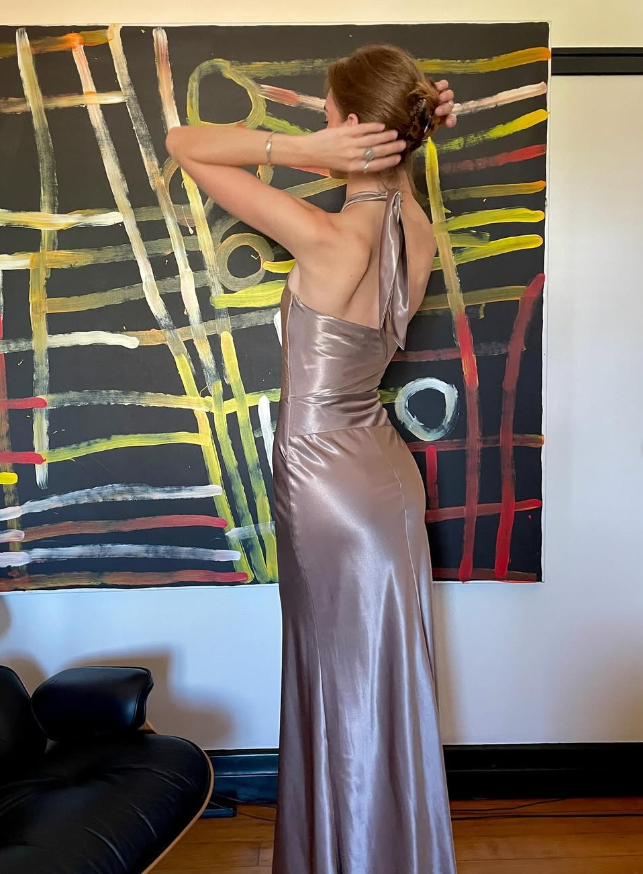 Simple A Line Halter Brown Satin Open Back Long Prom Dress Graduation Prom Dress with Slit SH2594