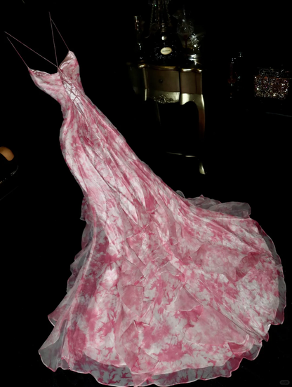Elegant Mermaid Spaghetti Strap Pink Print Floral Beaded Chiffon Long Prom Dress Evening Dress SH3107