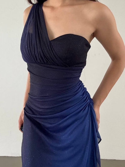 Elegant Sheath One Shoulder Navy Blue Ombre Chiffon Long Prom Dress Evening Dress SH2608
