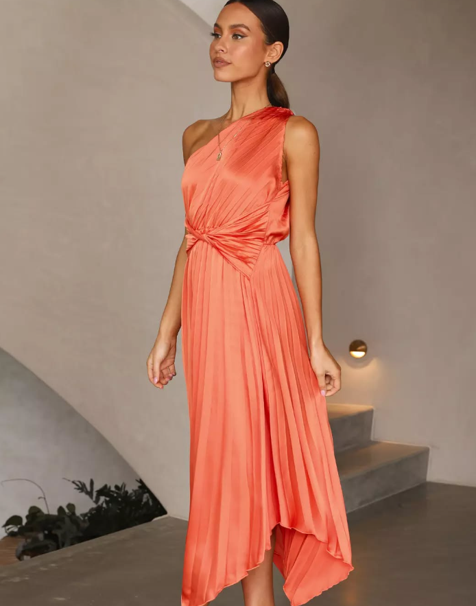 Elegant A Line One Shoulder Pleated Orange Satin Bridesmaid Dress Evening Dress SH3057