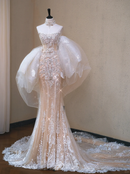 Classy Champagne Strapless Tulle Lace Appliques Mermaid Long Wedding Dress Bridal Dress S911