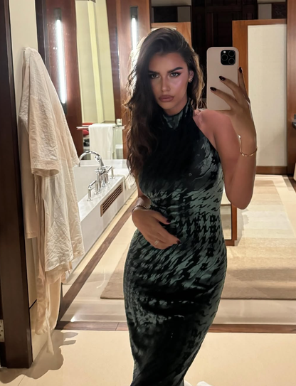 Charming Sheath Halter Green Velvet Open Back Prom Dress Evening Dress SH2217