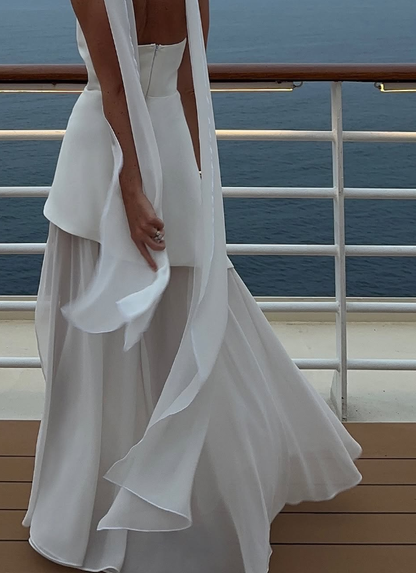 White Flowy Simple A Line Strapless Satin Chiffon Prom Dress Formal Dress with Slit SH3746