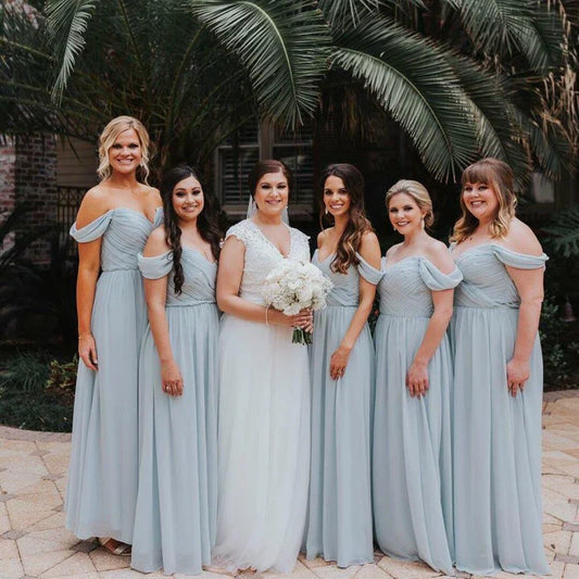 Blue Off-The-Shoulder Floor Length Backless Sleeveless Chiffon Bridesmaid Dresses SH2550