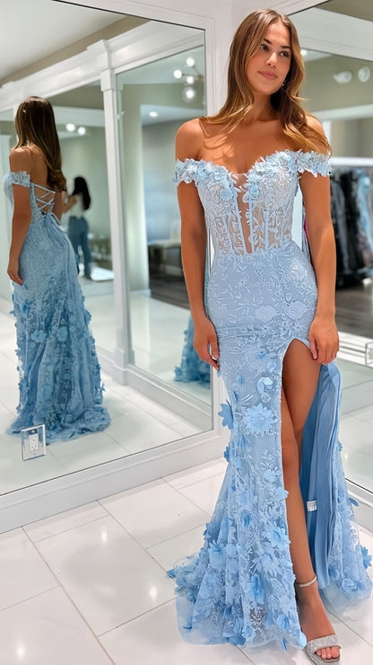 Off The Shoulder Light Blue Appliques Mermaid Prom Dress 3D Floral Party Gown