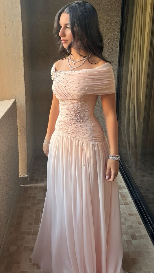 Off The Shoulder Pink Evening Prom Dress With Pearl Beaded