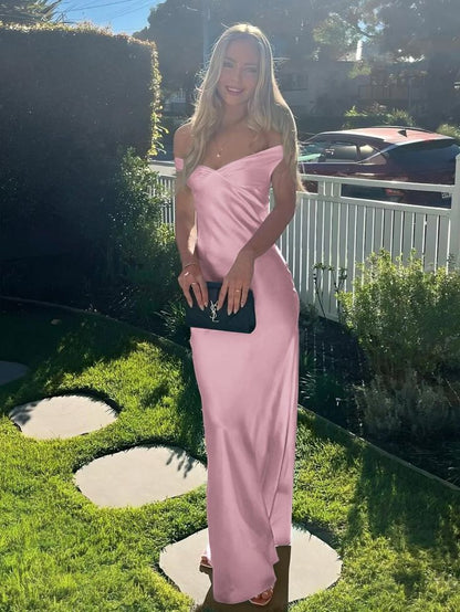 Off The Shoulder Sheath Long Prom Dress, V-Neck Floor Length Party Dress