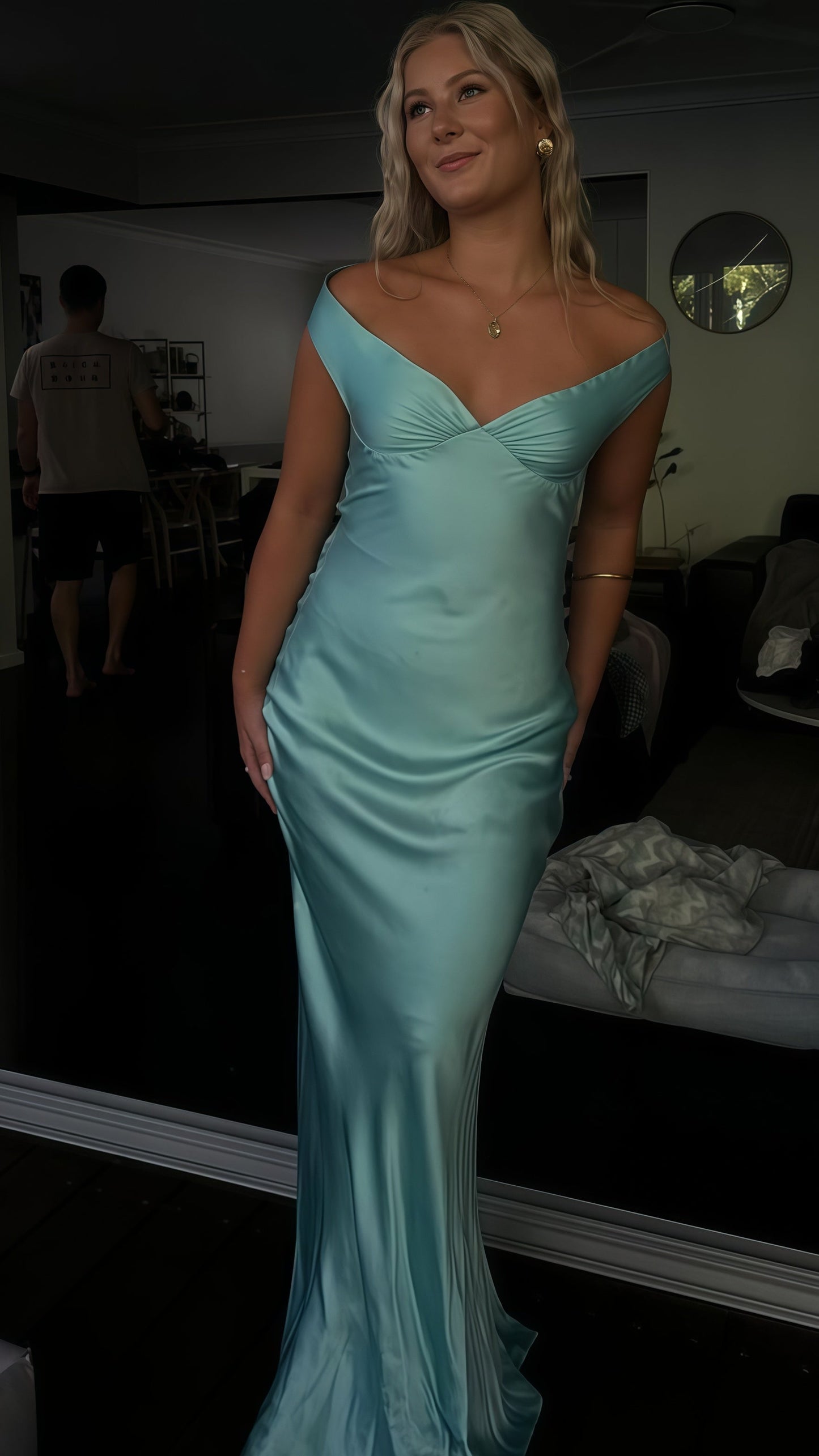 Off The Shoulder Sheath Long Prom Dress, V-Neck Floor Length Party Dress