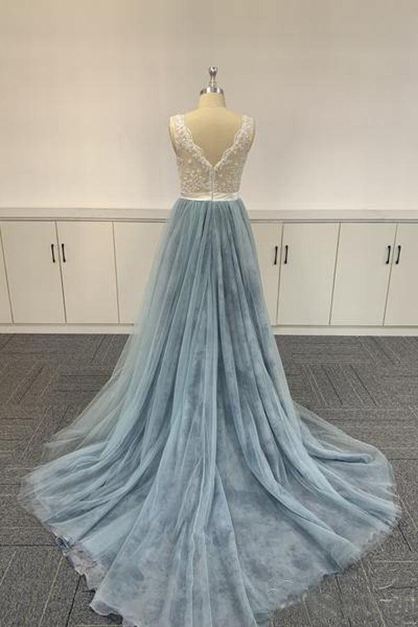 Ombre Soft Tulle Embroidered Lace V Neck Prom Dresses Formal Dresses PSK056