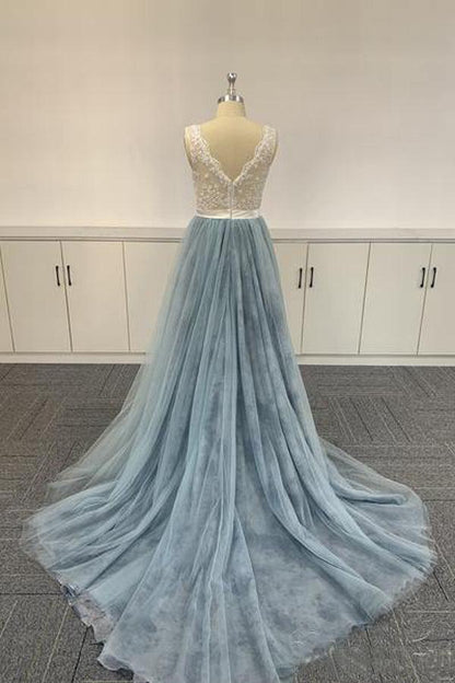 Ombre Soft Tulle Embroidered Lace V Neck Prom Dresses Formal Dresses PSK056