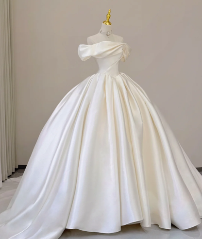 Elegant Ball Gown Off The Shoulder Satin Wedding Dresses White Brides Dress P0002
