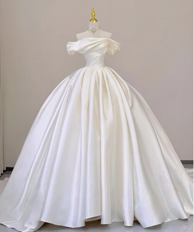 Elegant Ball Gown Off The Shoulder Satin Wedding Dresses White Brides Dress P0002
