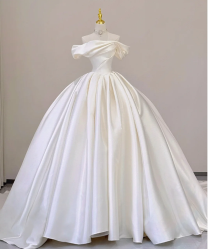 Elegant Ball Gown Off The Shoulder Satin Wedding Dresses White Brides Dress P0002