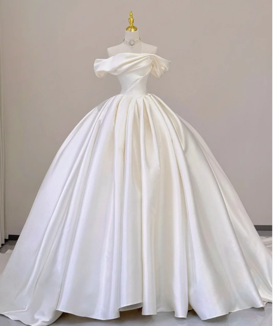 Elegant Ball Gown Off The Shoulder Satin Wedding Dresses White Brides Dress P0002