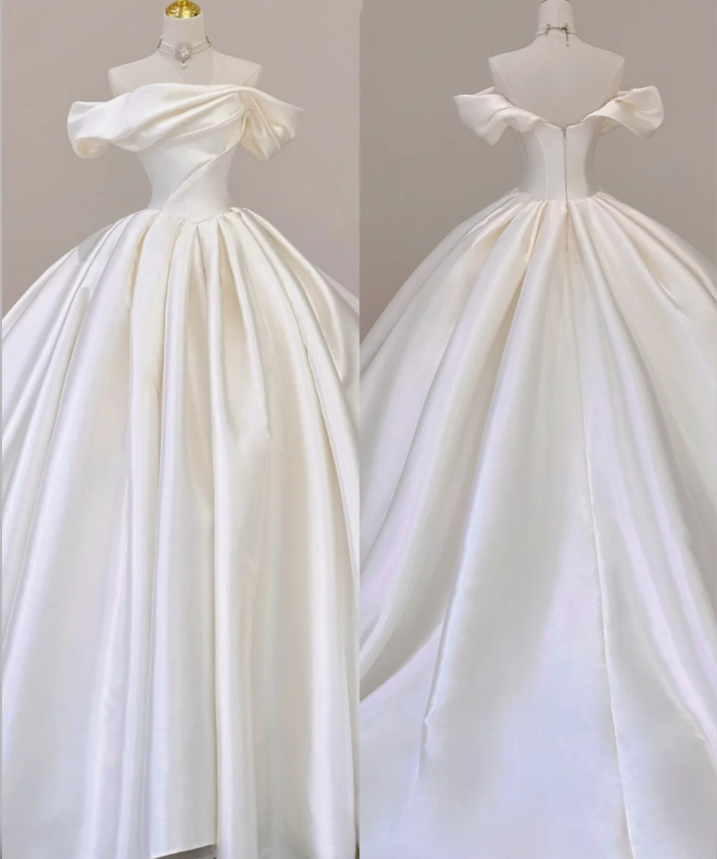 Elegant Ball Gown Off The Shoulder Satin Wedding Dresses White Brides Dress P0002