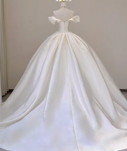 Elegant Ball Gown Off The Shoulder Satin Wedding Dresses White Brides Dress P0002