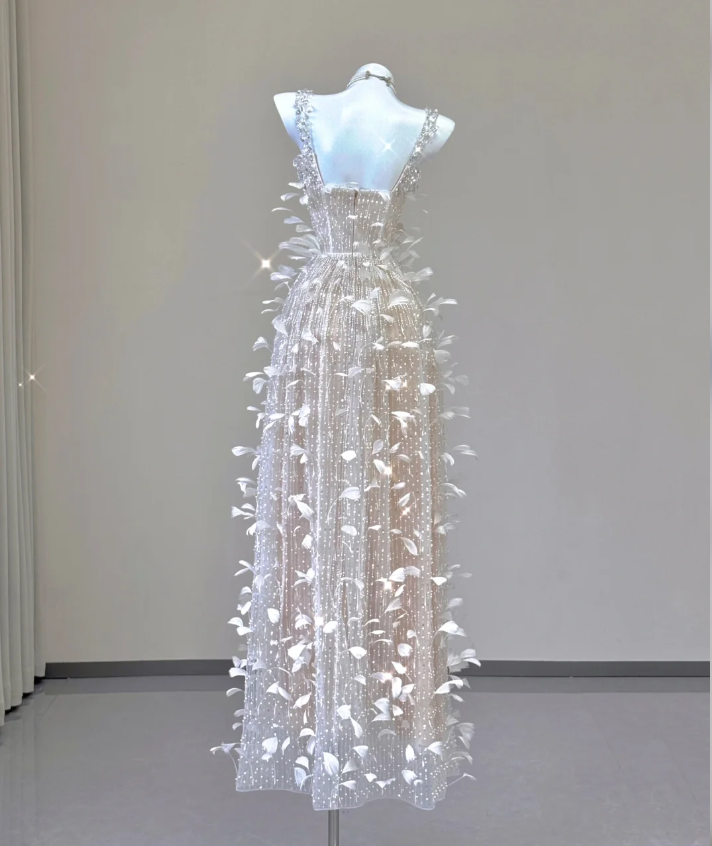 Classy A Line Square Neckline Champagne Tulle Long Prom Dresses P0003