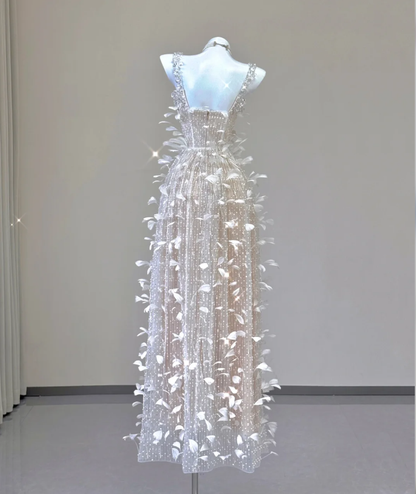 Classy A Line Square Neckline Champagne Tulle Long Prom Dresses P0003