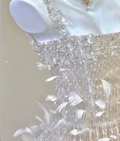 Classy A Line Square Neckline Champagne Tulle Long Prom Dresses P0003