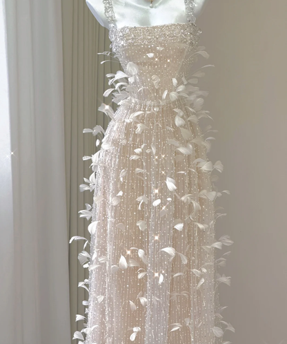 Classy A Line Square Neckline Champagne Tulle Long Prom Dresses P0003