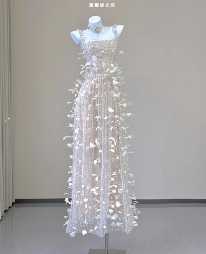 Classy A Line Square Neckline Champagne Tulle Long Prom Dresses P0003