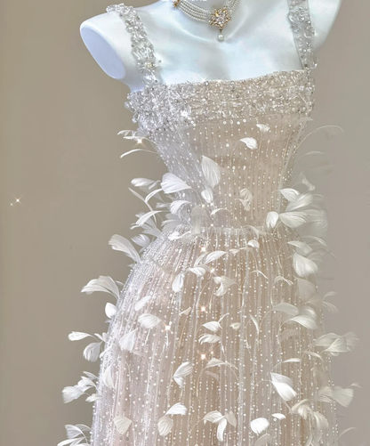 Classy A Line Square Neckline Champagne Tulle Long Prom Dresses P0003