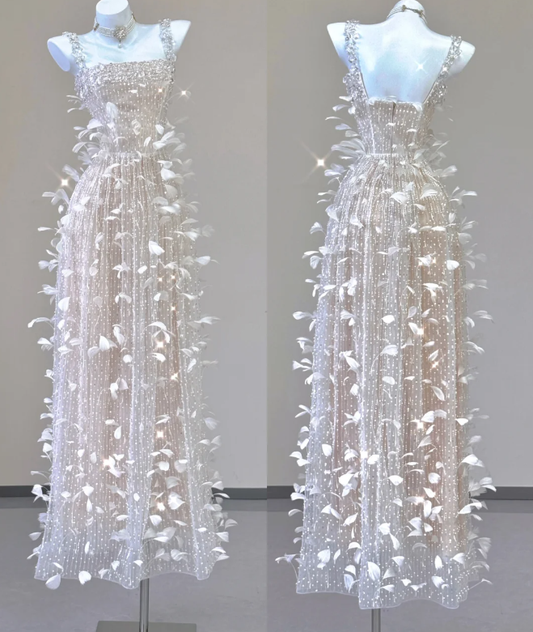 Classy A Line Square Neckline Champagne Tulle Long Prom Dresses P0003