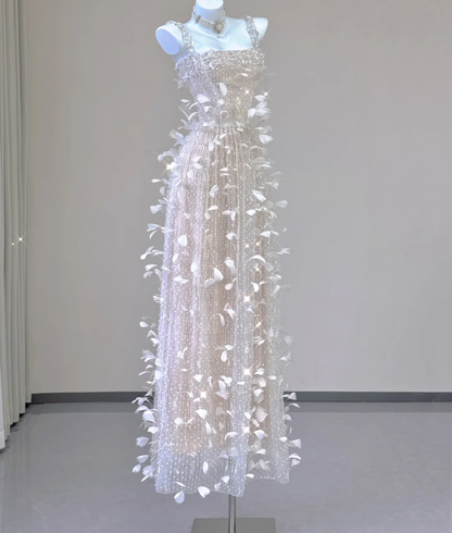 Classy A Line Square Neckline Champagne Tulle Long Prom Dresses P0003