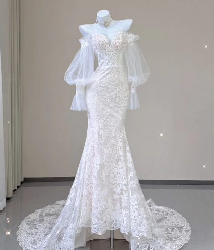 Elegant Mermaid Off The Shoulder Tulle Wedding Dresses Lace Brides Dress P0004