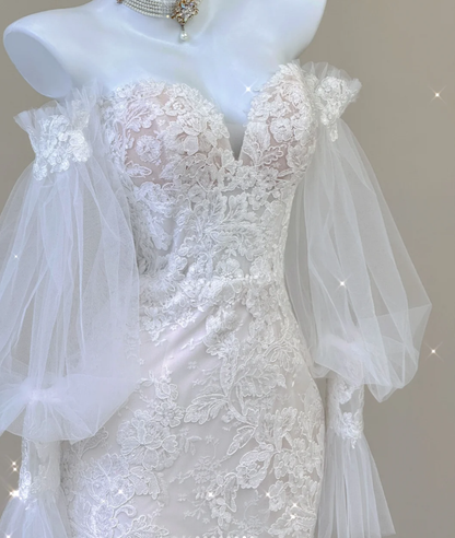 Elegant Mermaid Off The Shoulder Tulle Wedding Dresses Lace Brides Dress P0004