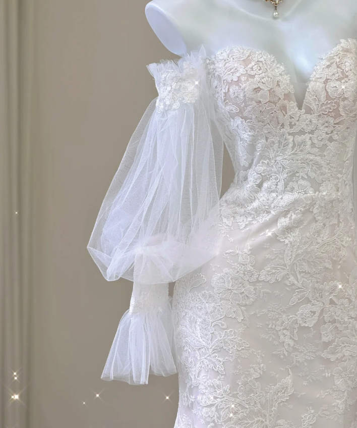 Elegant Mermaid Off The Shoulder Tulle Wedding Dresses Lace Brides Dress P0004