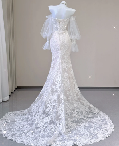 Elegant Mermaid Off The Shoulder Tulle Wedding Dresses Lace Brides Dress P0004