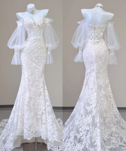 Elegant Mermaid Off The Shoulder Tulle Wedding Dresses Lace Brides Dress P0004