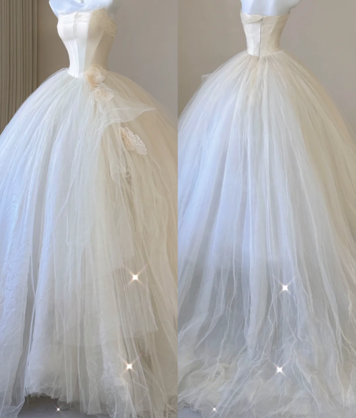 Elegant Ball Gown Strapless Tulle Satin Wedding Dresses Long Brides Dress P0006