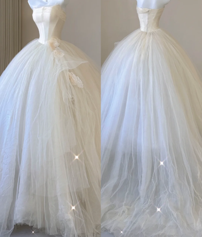 Elegant Ball Gown Strapless Tulle Satin Wedding Dresses Long Brides Dress P0006
