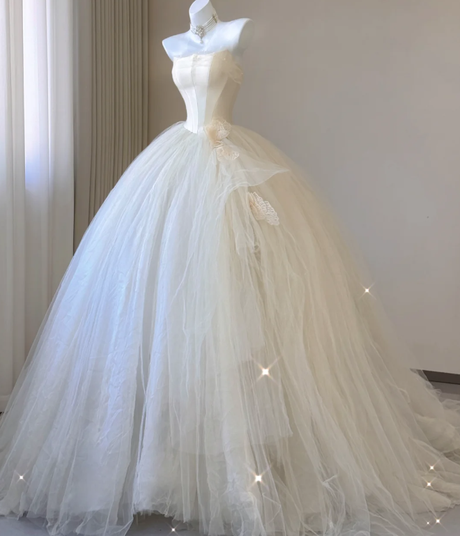 Elegant Ball Gown Strapless Tulle Satin Wedding Dresses Long Brides Dress P0006