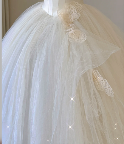 Elegant Ball Gown Strapless Tulle Satin Wedding Dresses Long Brides Dress P0006