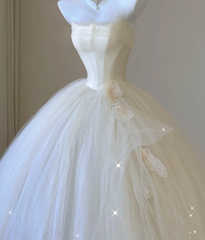 Elegant Ball Gown Strapless Tulle Satin Wedding Dresses Long Brides Dress P0006