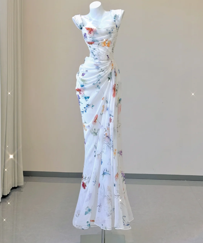 Classy Mermaid Square Neckline Floral Chiffon White Long Prom Dresses P0007