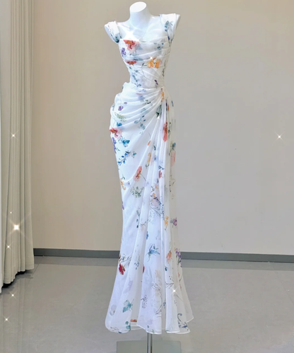 Classy Mermaid Square Neckline Floral Chiffon White Long Prom Dresses P0007