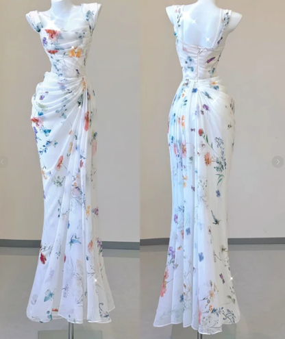 Classy Mermaid Square Neckline Floral Chiffon White Long Prom Dresses P0007