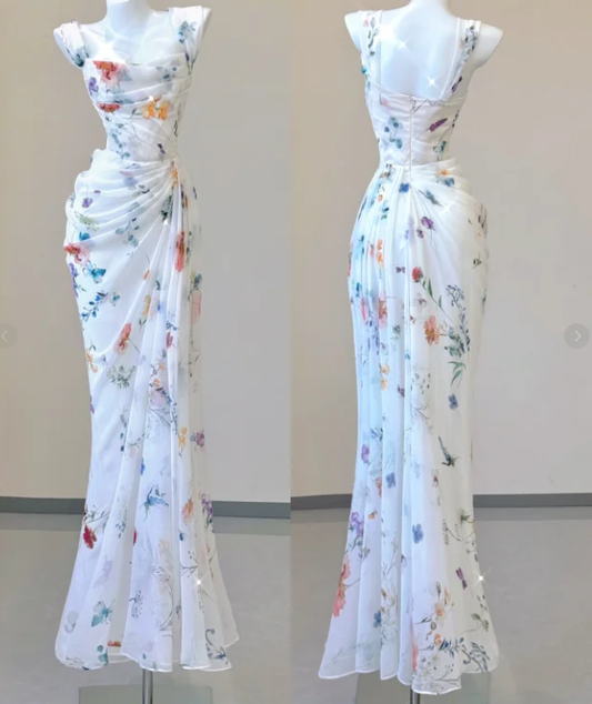 Classy Mermaid Square Neckline Floral Chiffon White Long Prom Dresses P0007