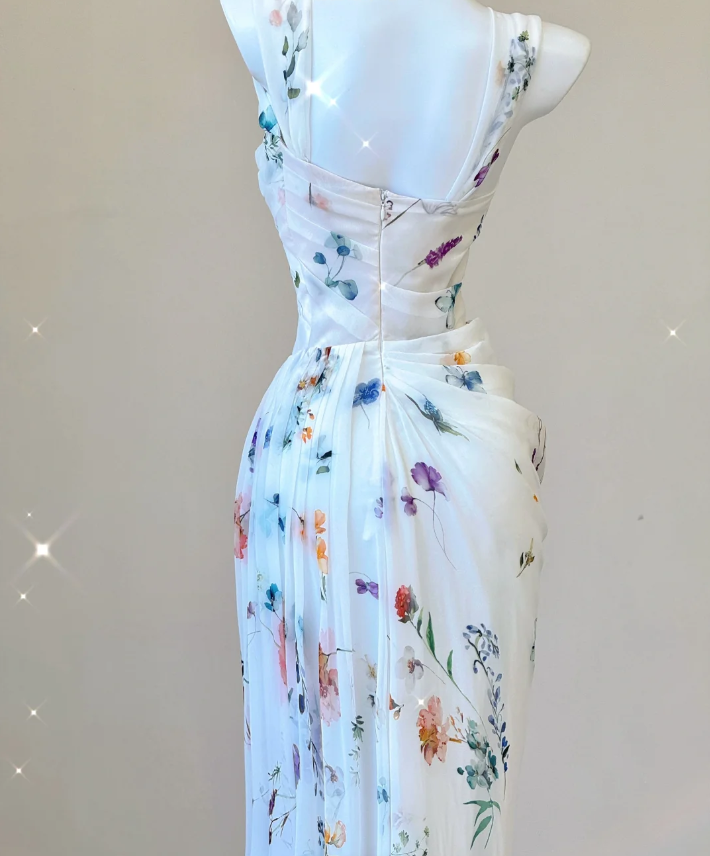 Classy Mermaid Square Neckline Floral Chiffon White Long Prom Dresses P0007